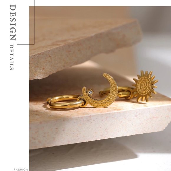 New 18K Gold Plated Diamond Moon Star Huggie Hoop Earrings - Picture 7 of 9